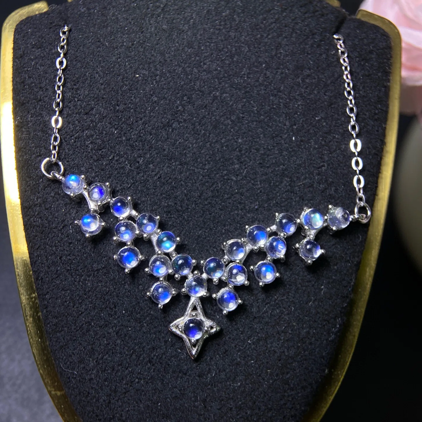 

Natural Moonstone Necklace, Fine Blue Flash 3mm 925 Silver Fine Setting, Romantic Gemstone Jewelry Gift for Women