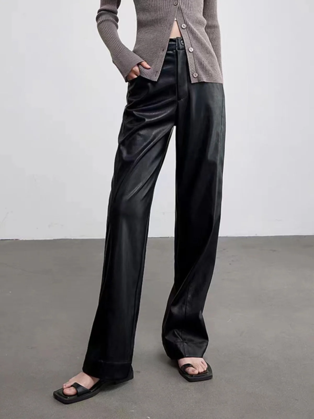 

Faionable Real Leather eepskin Wide Leg Pants Loose Casual High Waist Commute Sle Autumn New Arrival Women's Trousers