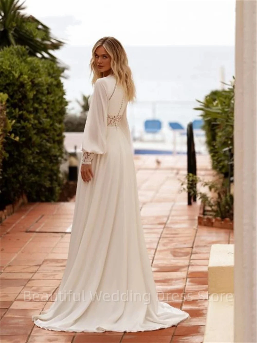 Simple O Neck Lace Chiffon Wedding Dresses Long Long Lantern Sleeves Cut-out Waistline Sexy Side Slit Bride Gowns Robe Custom