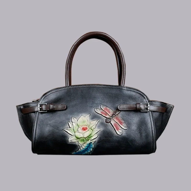 Retro genuine leather women bag with embossed butterfly rose motif new vintage leather embossed multi-functional handbag