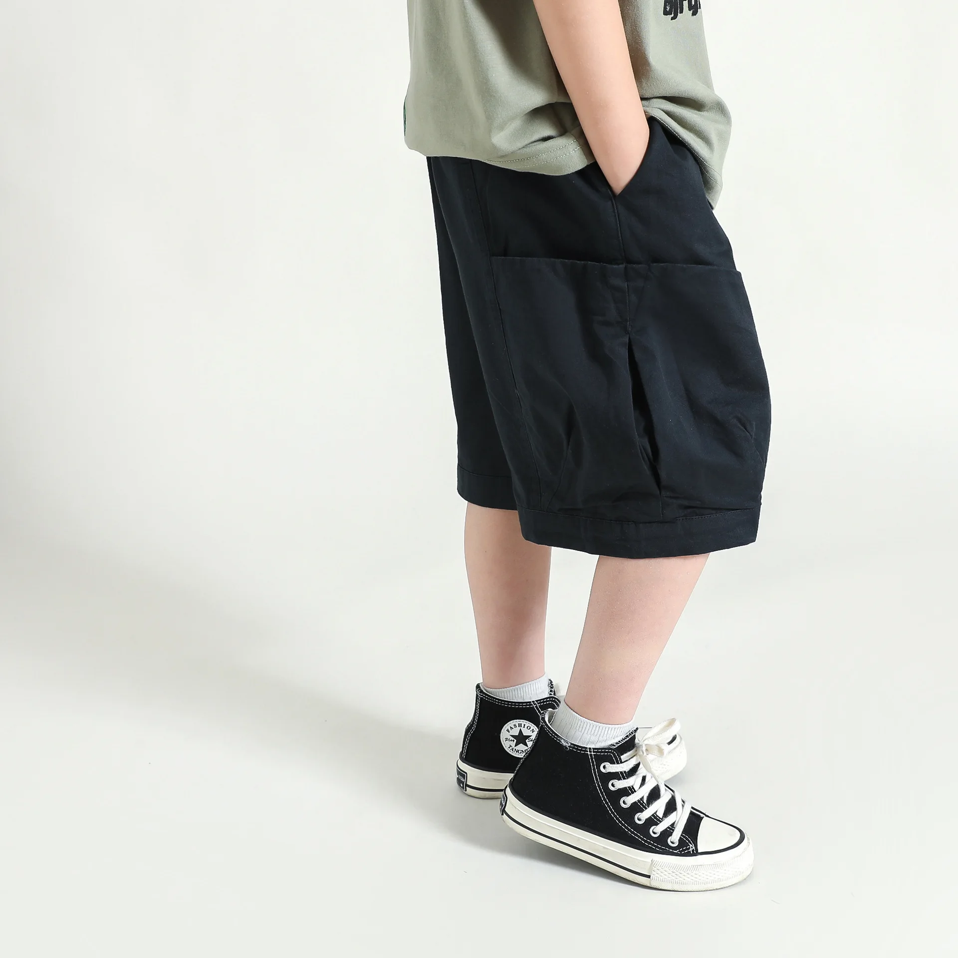 JUCPKID Korean Summer School Boy Shorts Teenager Boy Elastic Waist Lapel Pocket Straight Shorts Junior Boy Casual Short Pants