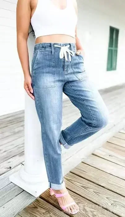 Mulheres jeans denim mãe tornozelo comprimento lápis calças bolsos cintura alta fino ajuste streetwear y2k lavagem retalhos rendas até jeans