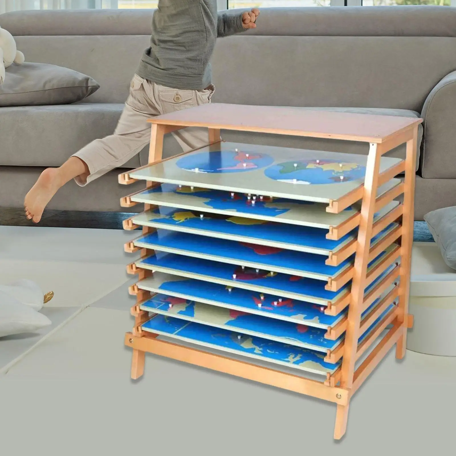 Drewniana półka do klasy, pomoce dydaktyczne, wczesna edukacja, mapa z papieru ściernego, zabawka edukacyjna, mapa-puzzle, stojak do przechowywania map, tablica do układania map-puzzle