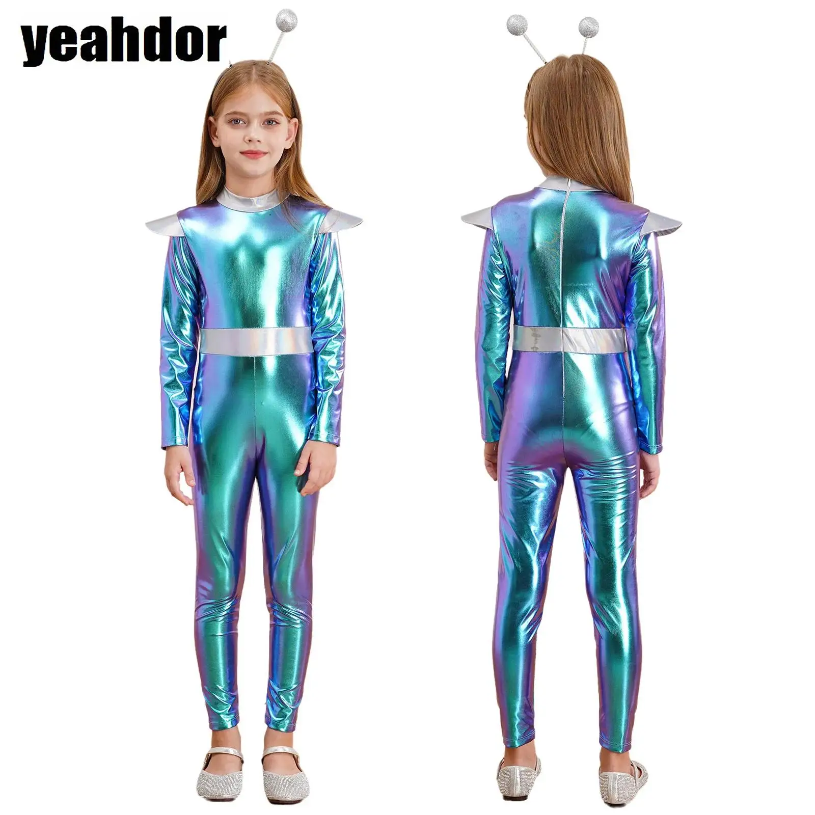 

Kid Girls Alien Costume Outerspace Future Robot Cosplay Jumpsuit Long Sleeve Full Length Bodysuit And Hair Hoop Halloween Outfit