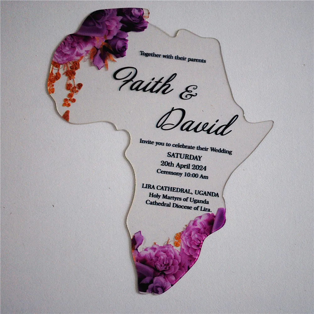 Transparent PVC Wedding Invitation Card, Personalized Printed, Africa Shape, Custom, 10Pcs