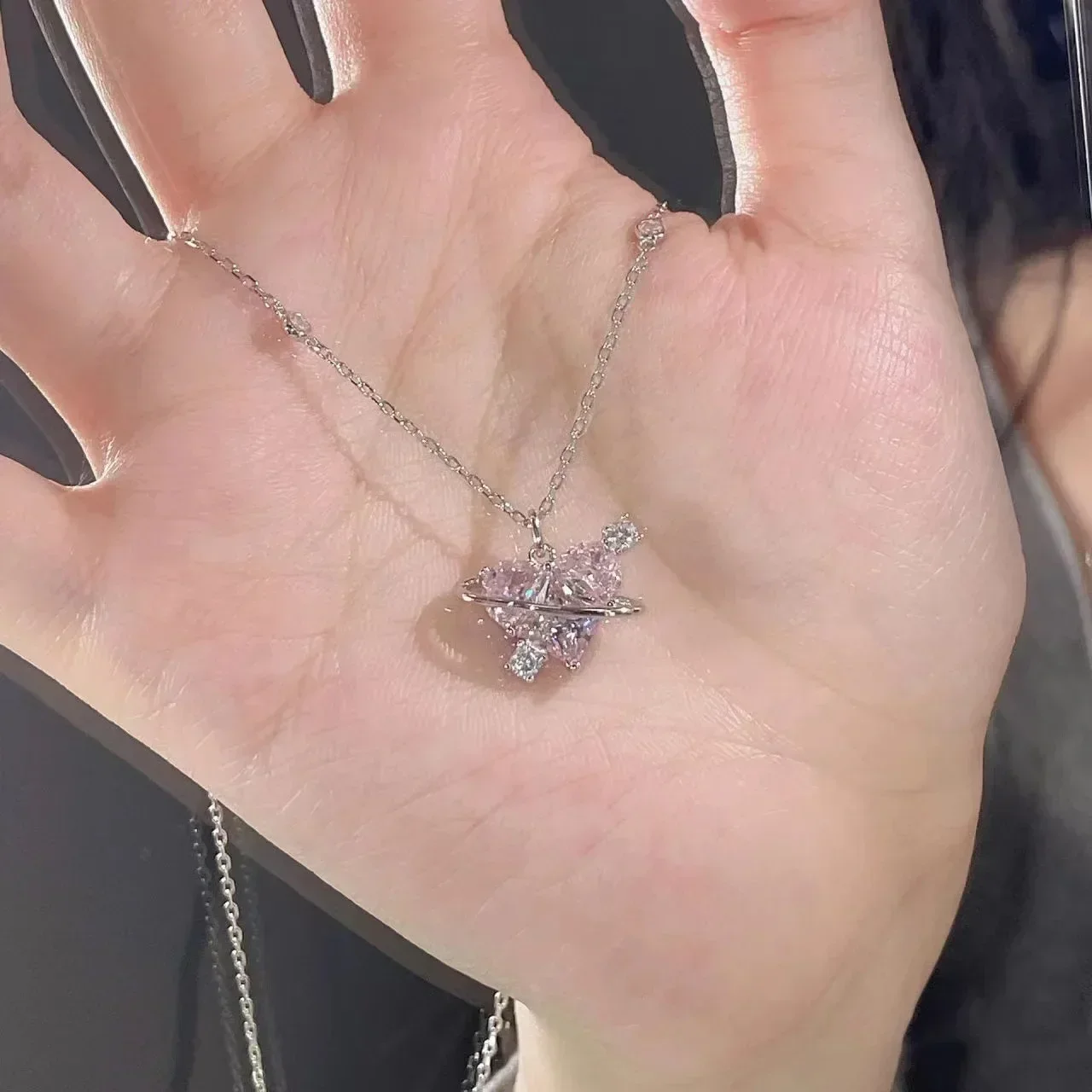 Luxury Pink Heart-Shaped Crystal Saturn Orbit Choker, Minimalist Adjustable Link Layering Necklace, Unique Romance Holiday Valentine Jewelry