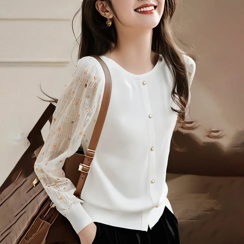 Kemeja Musim Semi dan Musim Gugur Wanita, Atasan Rajut Tekstur Sambungan Leher Bulat Lengan Panjang Cetak Polkadot Wanita DF4719