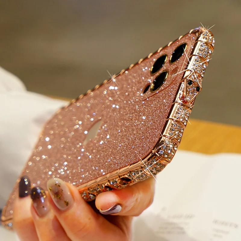 Upscale Luxury Glitter Diamond Phone Case For iPhone 15 14 13 12 11 Pro Max X XR XS 7 8 Plus SE2 Metal Edge Bling Crystal Cover