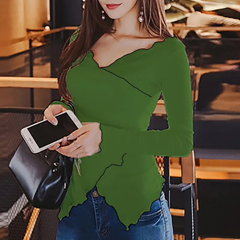 Spring and Autumn Fashion Sexy Slim Fit Irregular Top Heart Machine V-neck Contrast Asymmetric Long Sleeve Underlay Shirt Z399