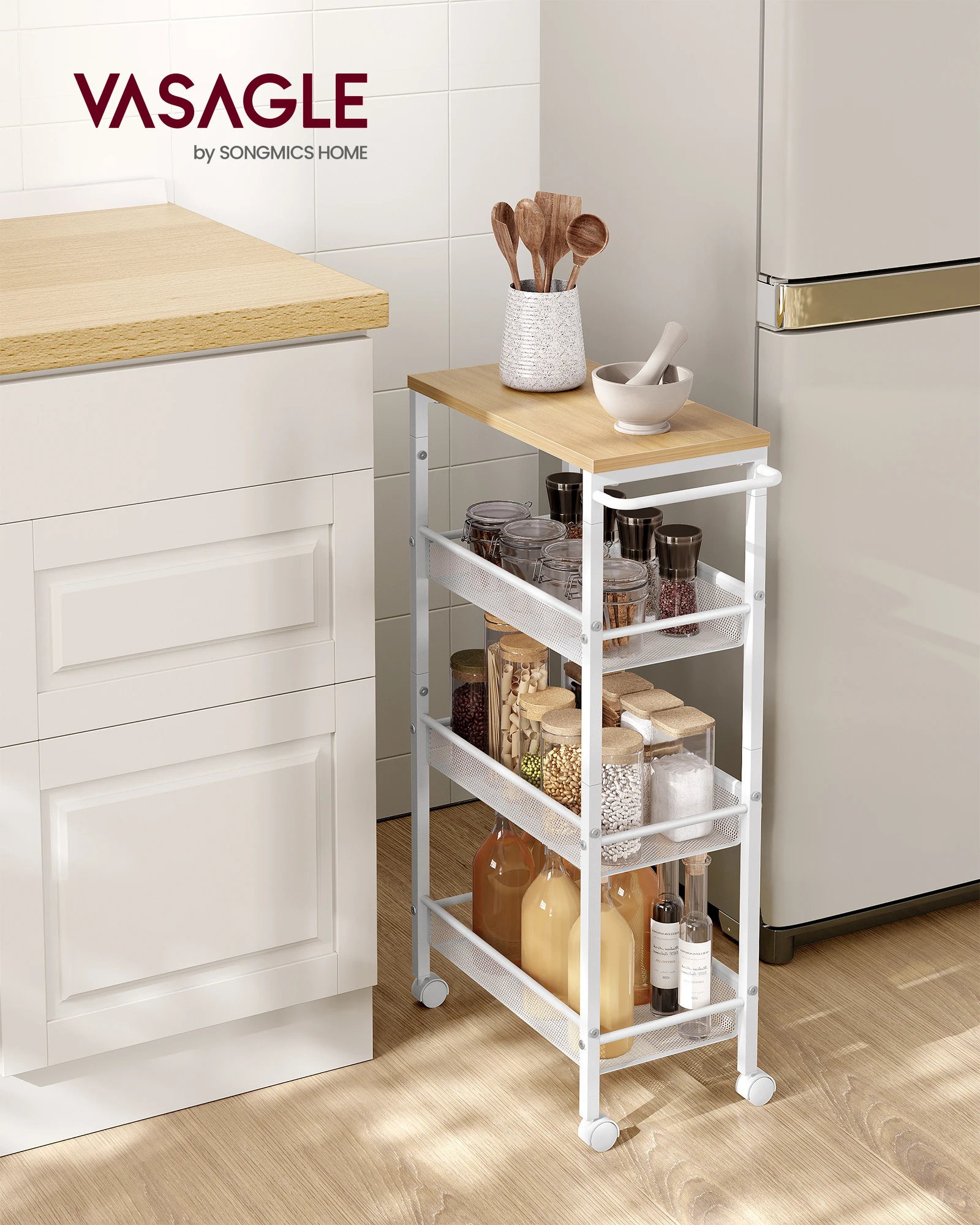 VASAGLE 4-Tier Trolley, Space-Saving Kitchen Cart with Wheels, Handle, Trolley for Small Spaces, Kitchen Bathroom Living Room