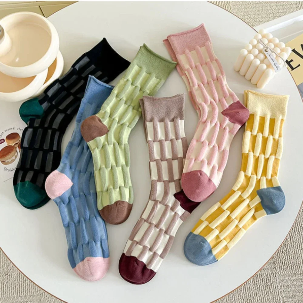 Womens Casual Harajuku Cotton Sock Ladies Soft Breathable Middle Tube Socks Autumn Winter Fashion Color Blocking Calcetines