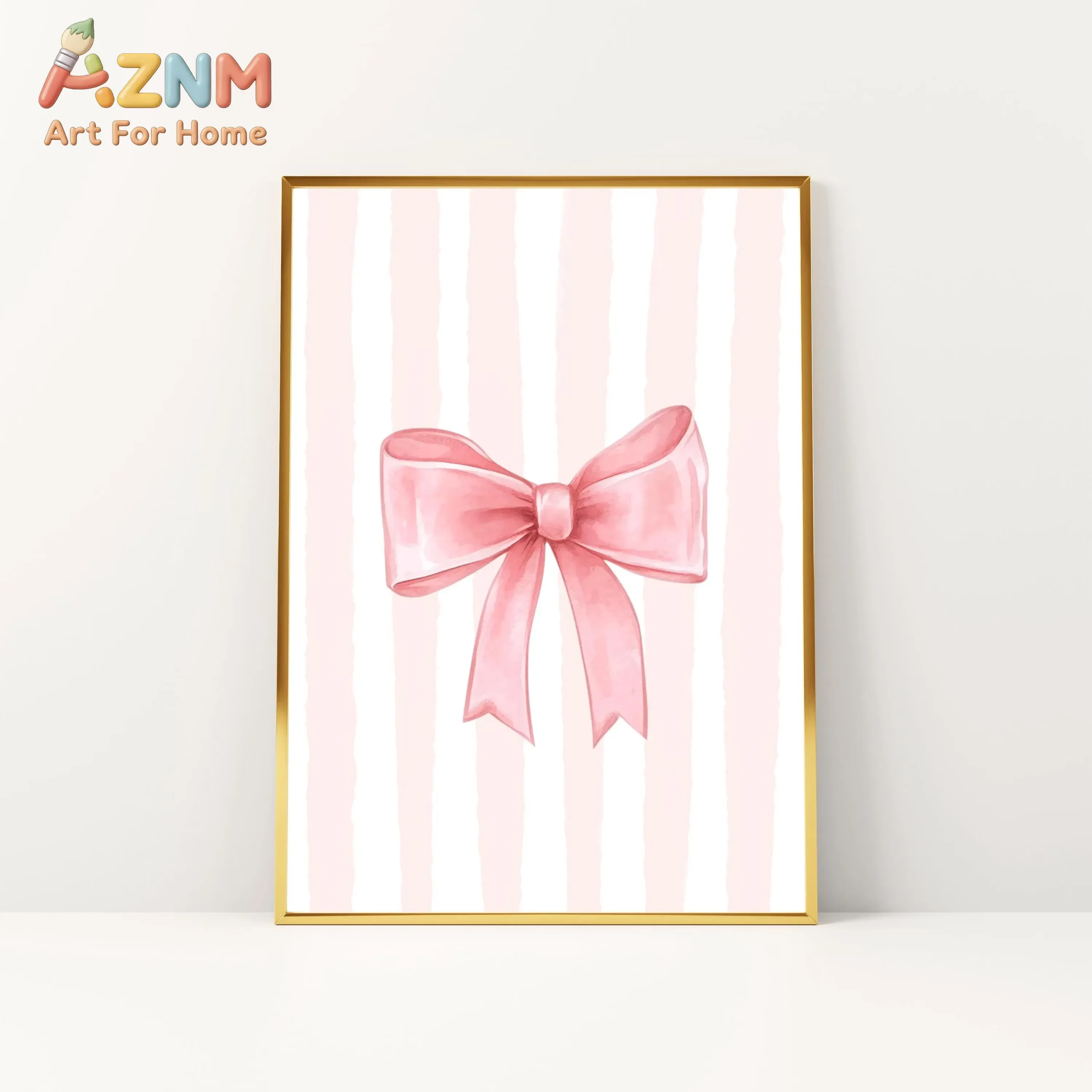 AZNM Watercolor Pink Bow Pink White Striped Canvas Wall Art 2D Flat Frameless Print Coquette Girl Nursery Bedroom Aesthetic Deco