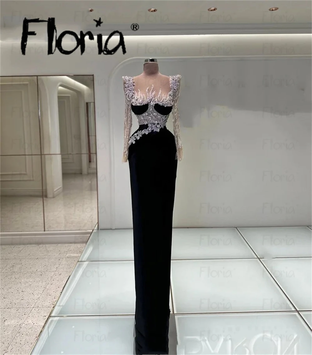 Floria Black Velour Evening Maxi Dresses Sheer V Neck Sheath Beaded Long Sleeves Prom Gowns For Women Party Formal Occasion Robe