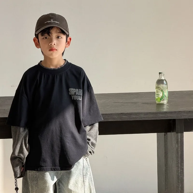 Boys Spring and Autumn Long Sleeve Top 2026 New Boys Fashion Fake Two-piece T-Shirt Teen Bottom Trend T