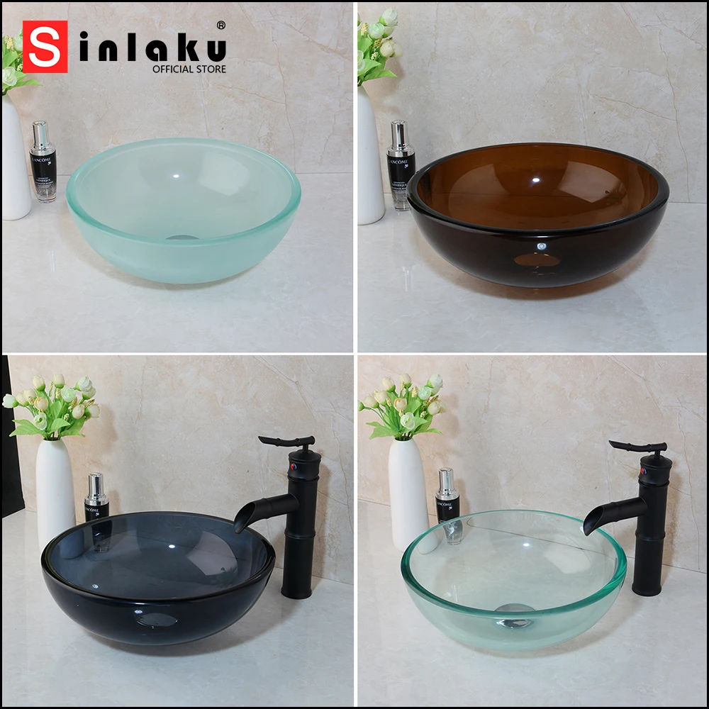 

SINLAKU Black Bathroom Sink With Matte Black Faucet Set Multiple Colour Glass Tempered Glass Basin Mixer Water Tap Combo Kit