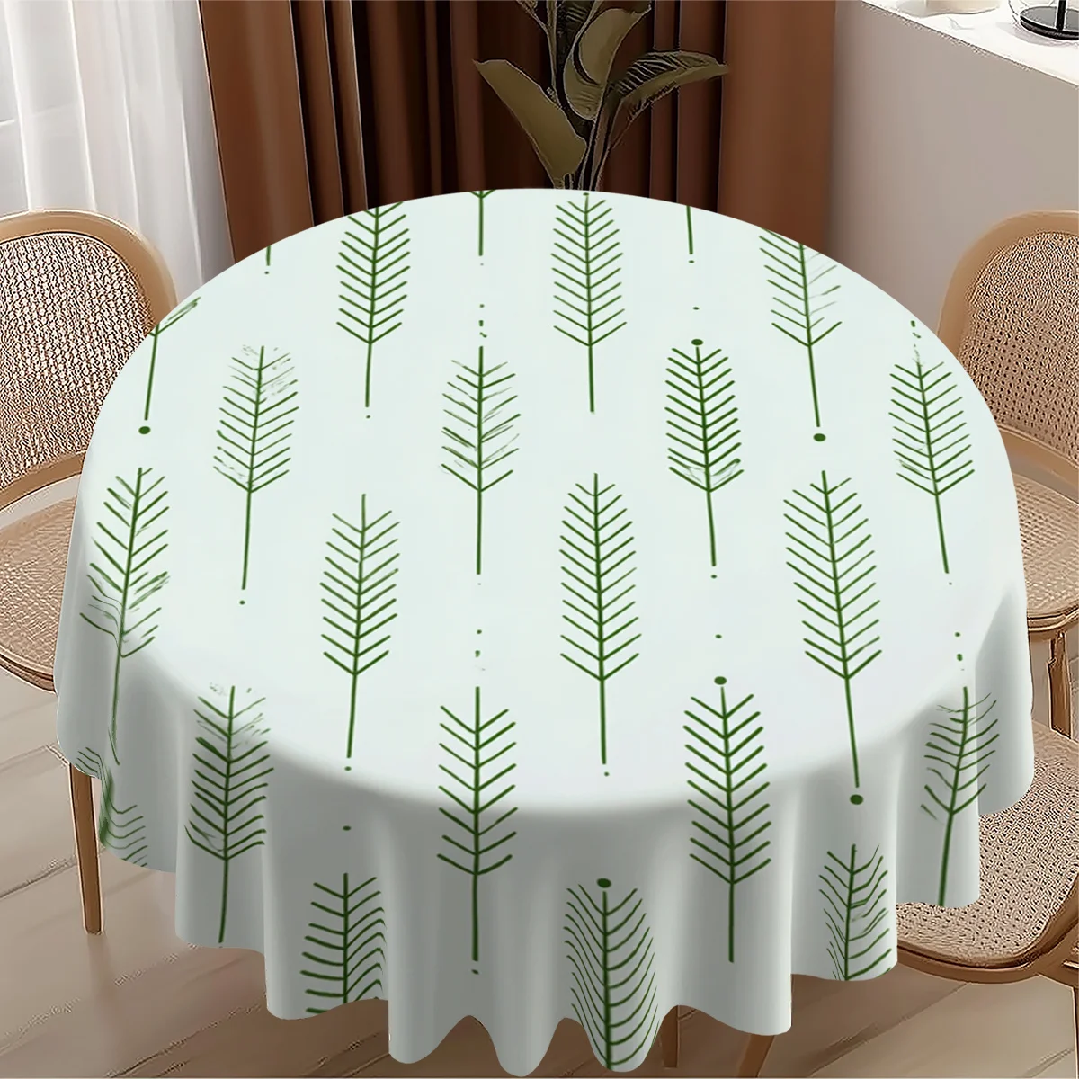 1pc Round Tablecloth, Green Leaf and Branch Pattern, Simple Repeating 2D Pattern Print Round Tablecloth, 60in