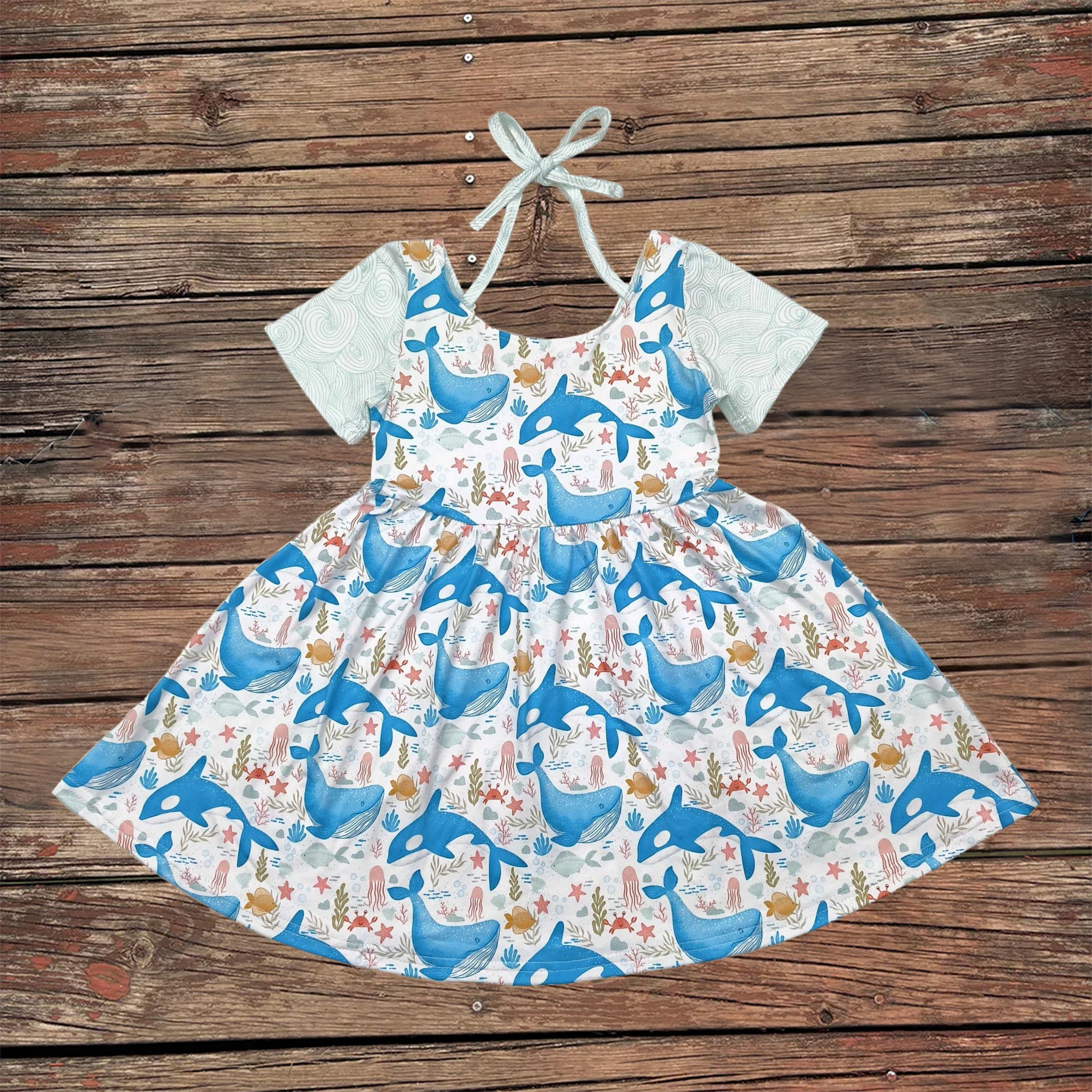 Wholesale Baby Girl Knee Length Twirl Dress Kids Blue Whale Short Sleeves Children Boutique Clothes Infant Toddler Clothing