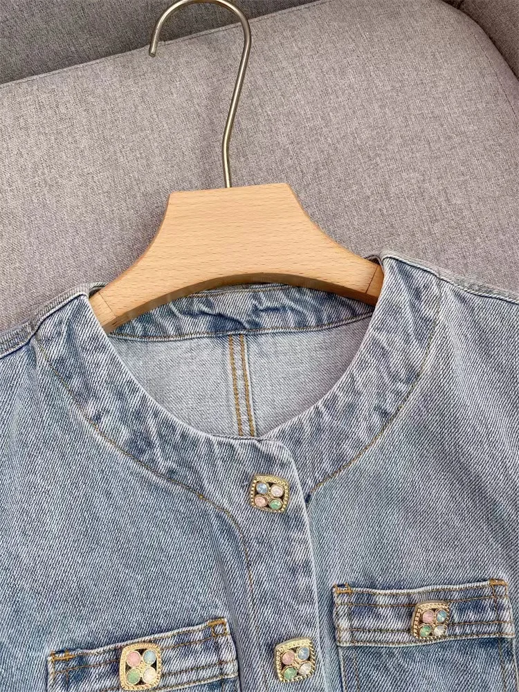 Summer New Fashion Denim Dress for Women Elegant Colorful Diamond Buttons Short Sleeve Pockets O-neck Mini Robe Female 2024