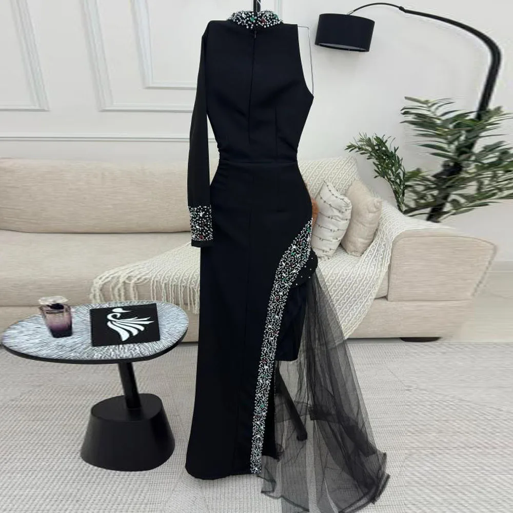 فستان سهرة أسود مطرز حسب الطلب مع فستان حورية البحر بكتف واحد من الساتان الكريستالي فساتين سهرة