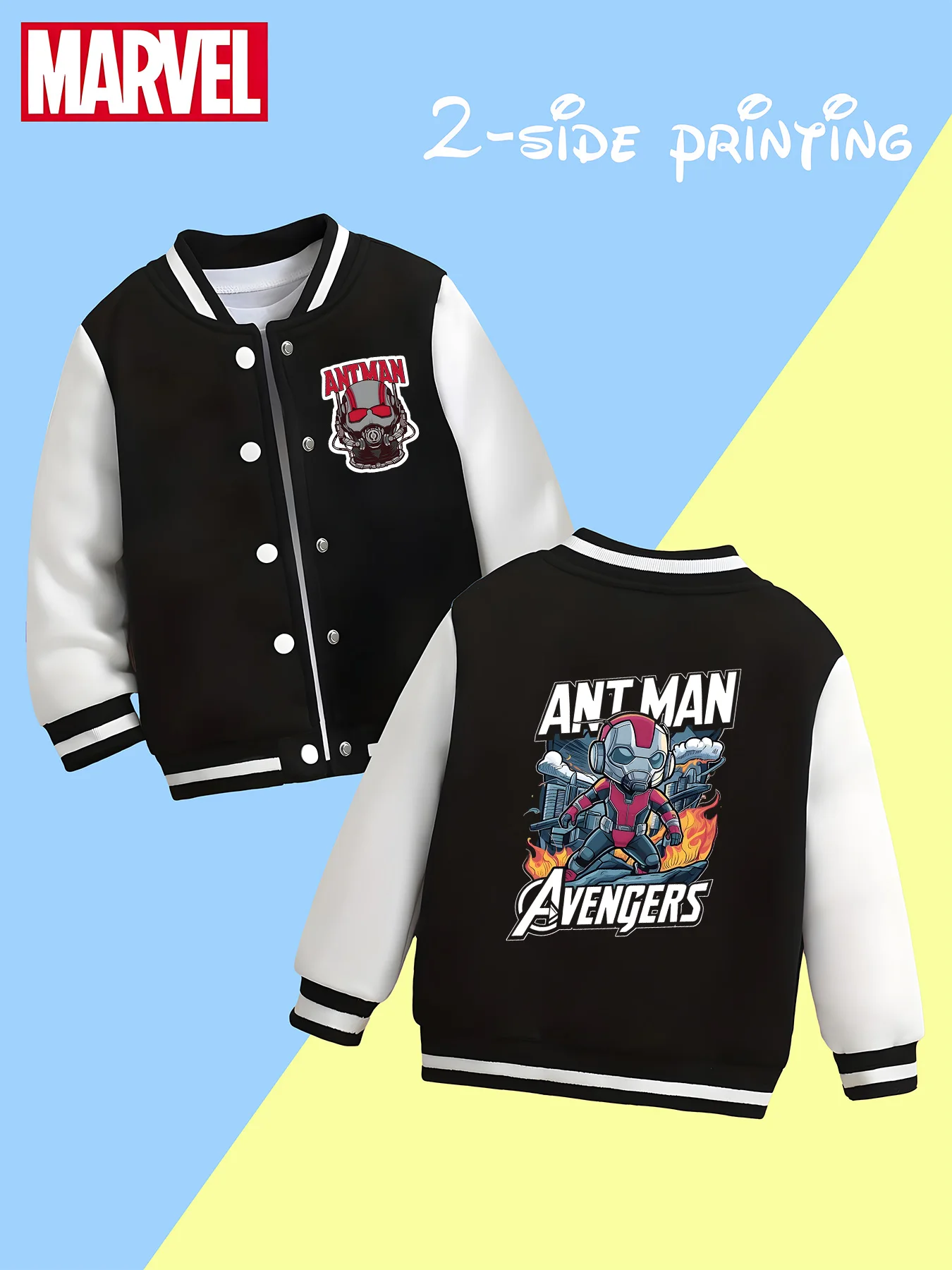 

MINISO Marvel Boys Baseball Jacket - Ant-Man Avengers, classic black and white, soft fabric, warm and comfortable, skin-friendly