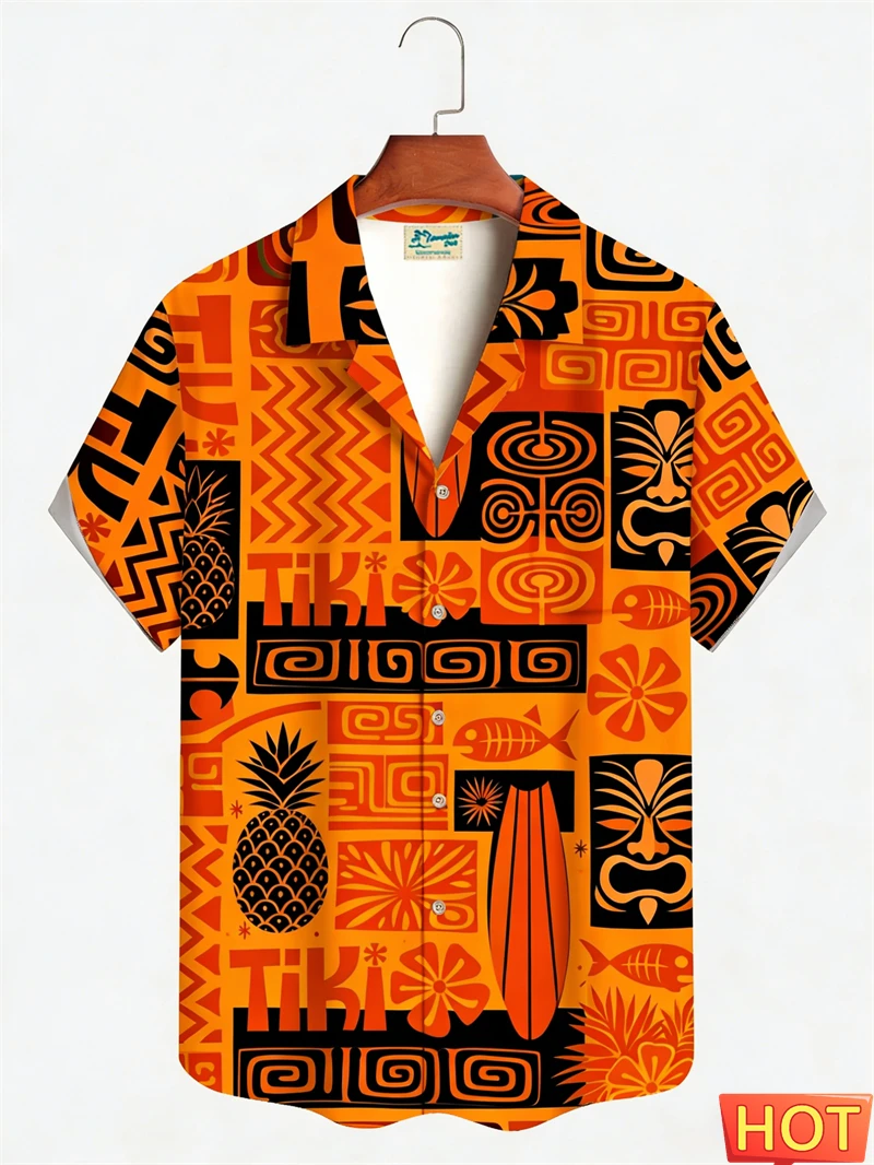 Men's Retro Tiki Hawaiian Shirt Classic Colorful Wave & Tribal Mask Print Casual Short Sleeve Button Summer Beach Shirt Daily