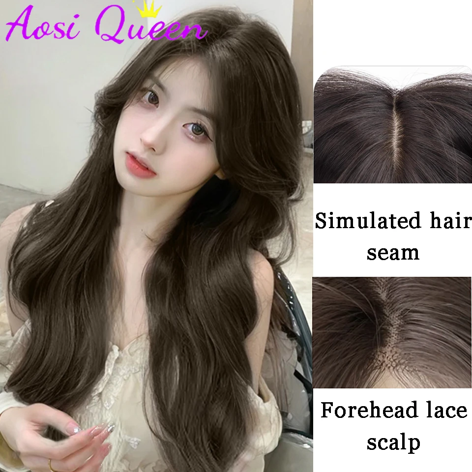 Synthetic Forehead Lace Wig Women\'s Long Hair Aoki Gray Middle Parted Long Curly Hair Big Wave Daily Natural Heat Resistant Wig