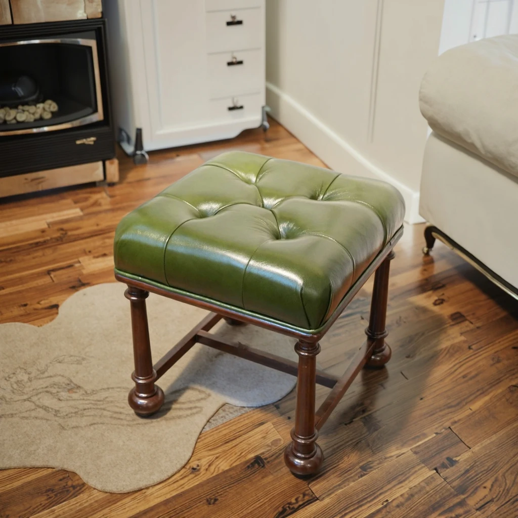 Premium Piano Bench Genuine Leather Padded Stool With Mahogany Wood Frame  Vintage Living Room With Comfortable Aviator Chair