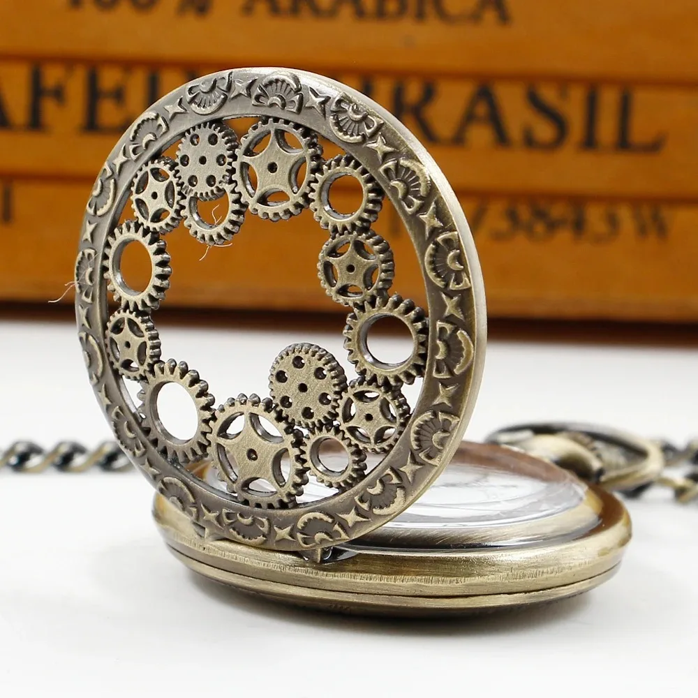 Hollow Gear Quartz นาฬิกาพ็อกเก็ตนาฬิกา Vintage Bronze สร้อยคอโซ่กระเป๋า Fob นาฬิกาโบราณจี้ของขวัญผู้หญิงผู้ชาย