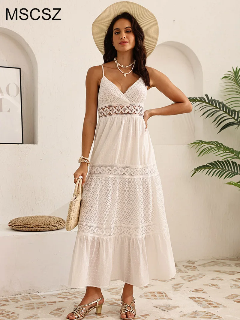 

MSCSZ Spaghetti Strap White Maxi Dress Woman Hollow Out Lace Cotton Summer Dress Elegant Long Beach Dress Sundress