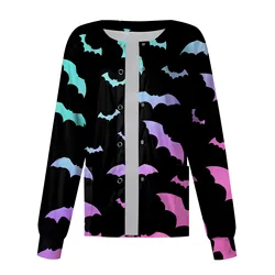 Women's Single-breasted Top Halloween Bat Printed Scrub Jacket Nurse Coat Pet Shop Nurse Working Round Neck Cardigan Coat