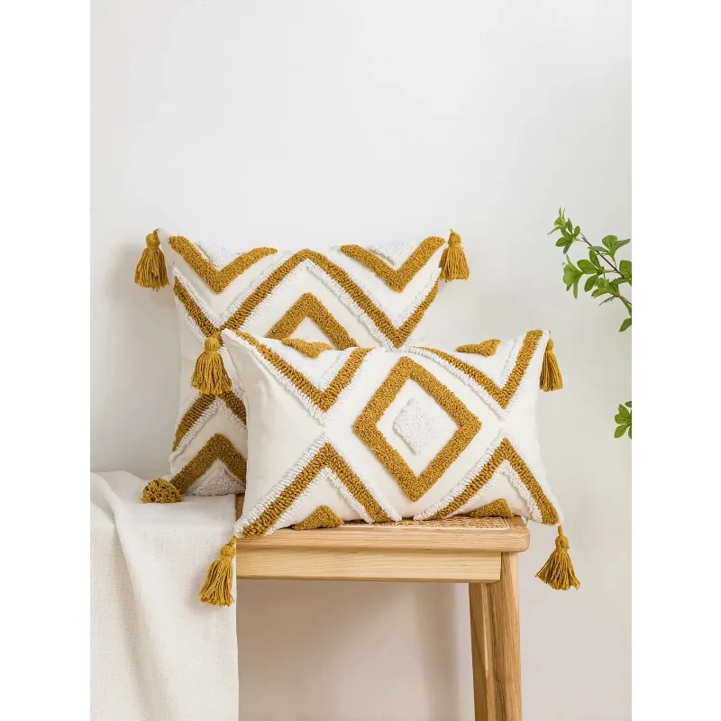 Bohemian Style Pillowcase Geometric Diamond Line Pattern Pillow Cover Washable Decorative Cushion Cover for Livingroom