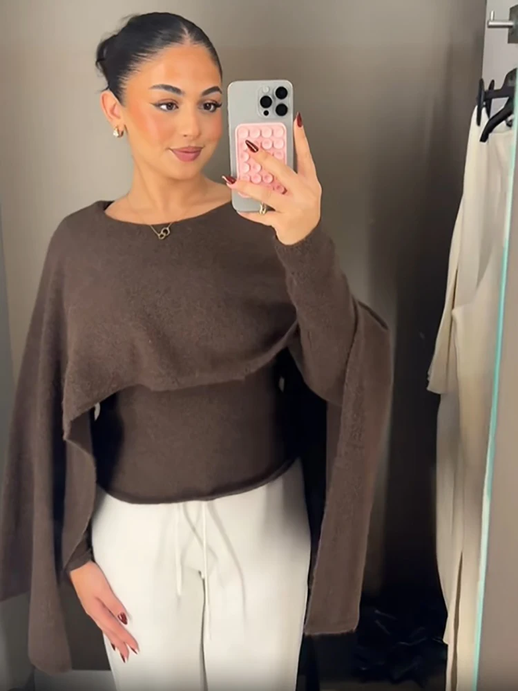 Elegant Chic Cape Shawl Knit Sweater Women Trendy Boat Neck Long Sleeve Slim Pullover Female Autumn Casual Daily Y2K Streetwear