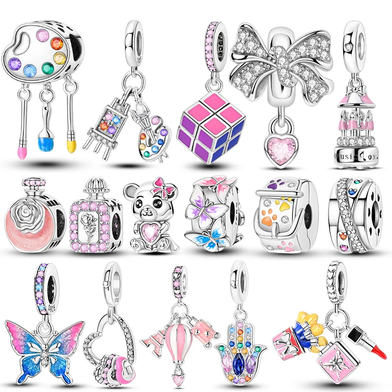 925 Sterling Silver Charms Beads Love Butterfly perfume Pink Series Dangle Fit Bracelet Pendant DIY Jewelry Gift For Women