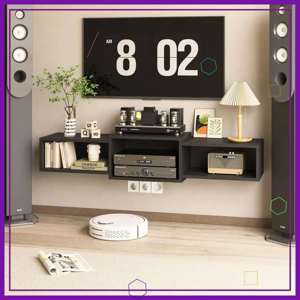 Floating TV Stand Wall Mounted with Power Outlet, Modern Wood Media Console