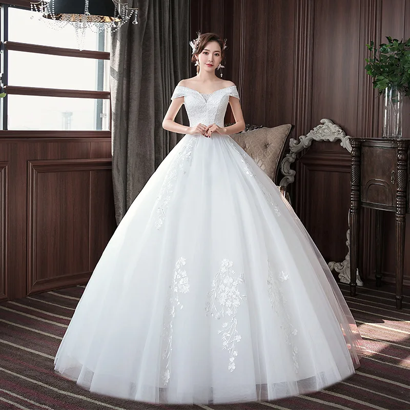 It's Yiiya White Wedding Dresses Beads Off the Shoulder Lace up Princess Floor-length Plus size Women Bride Ball Gowns FH087