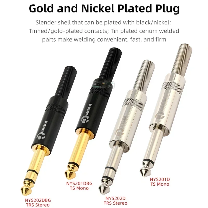 Neutrik's REAN 6.35mm 2 3 pólo plugue estéreo banhado a ouro 1/4 mono mono mono fone de ouvido microfone de áudio solda trs alto-falante guitarra canal duplo ts conector