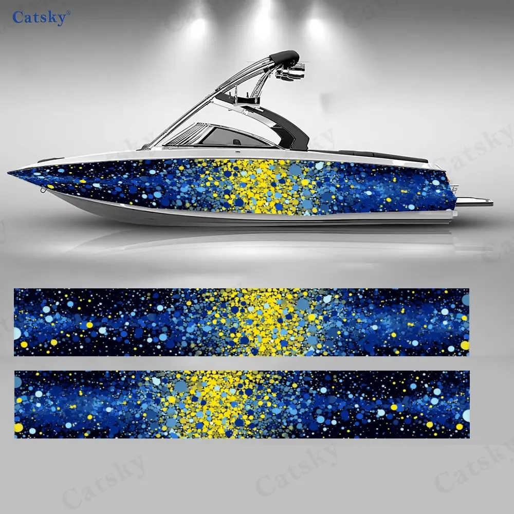 

2Pcs Blue & Yellow Polka Dot Nebula Boat Stickers, PVC Waterproof Vinyl Wrap Decals for Fishing Boat, Durable and Stylish Design