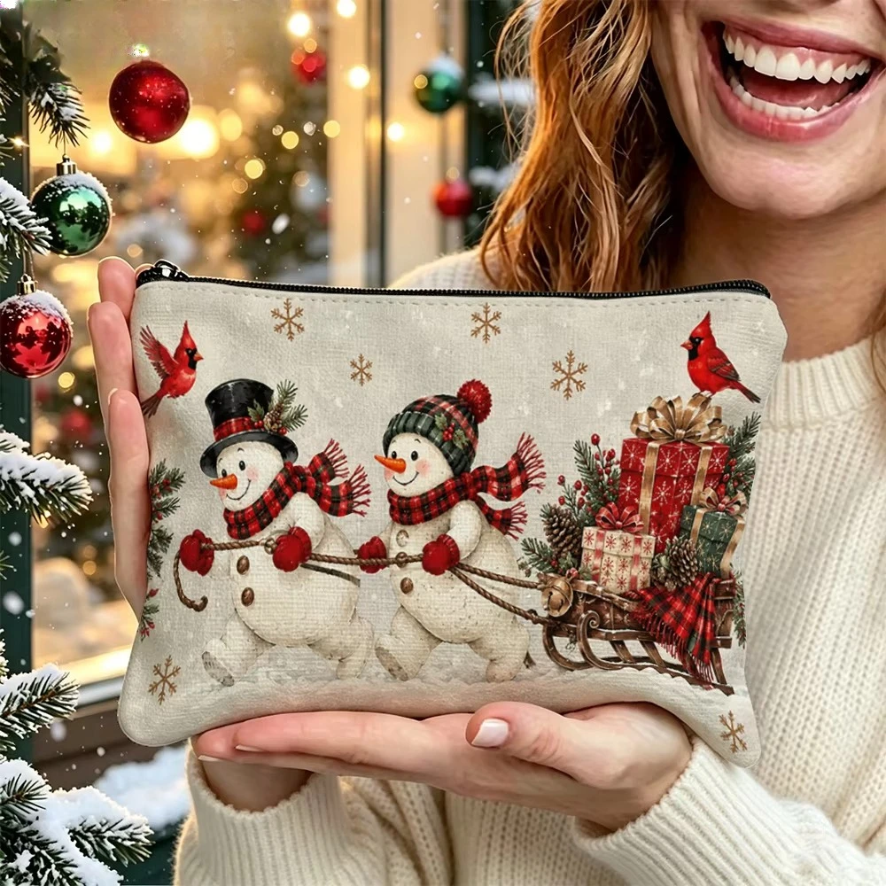 Vintage Christmas Snowman Makeup Bag Red Cardinal Bird Sled Gift Print Cosmetic Pouch Zipper Travel Toiletry Bag Ladies Gift