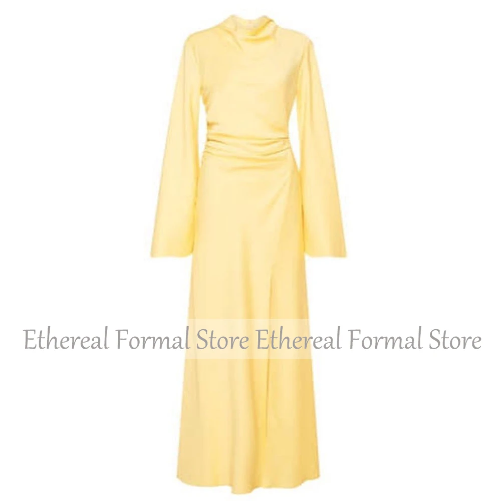 Vestido de noche de corte A para boda, vestido de noche amarillo para mujer, manga larga, largo hasta el suelo, con abertura, vestidos formales simples 2025