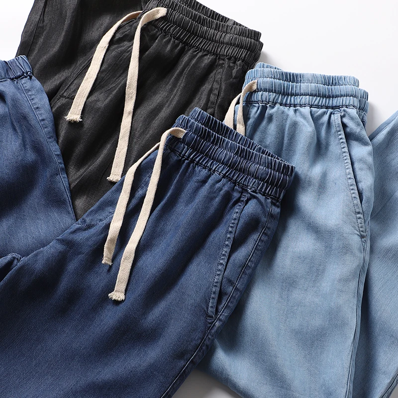 

Мужские легкие винтажные джинсы из шелковистого денима, зауженные, струящиеся, повседневные, длинные брюки в стиле Харадзюку, молодежные, летние, трендовые