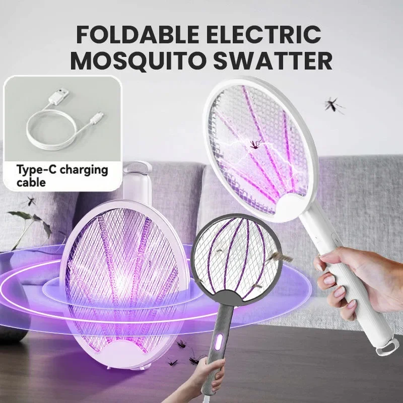 3-in-1 Mosquito Killer Multi Functional Electric Fly Mosquito Swatter Retractable Mosquito Swatter USB Rechargeable Bat Swatter