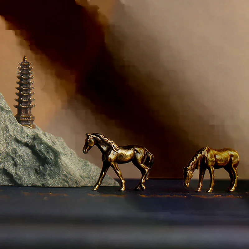 Antique Brass Solid Long Tail Horse Figurines Miniatures Feng Shui Ornaments Copper Zodiac Animal Mini Desktop Decoration Craft
