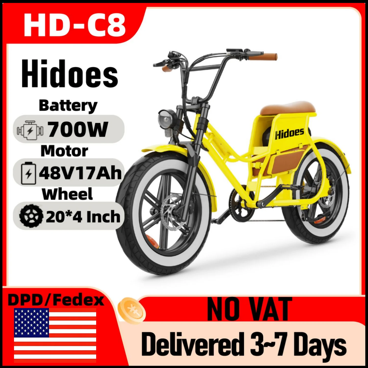 Hidoes C8 E-bike 700 واط موتور 48V17AH بطارية ليثيوم دراجة كهربائية الكبار 20*4 بوصة على الطرق الوعرة الدهون الإطارات جميع التضاريس دراجة كهربائية