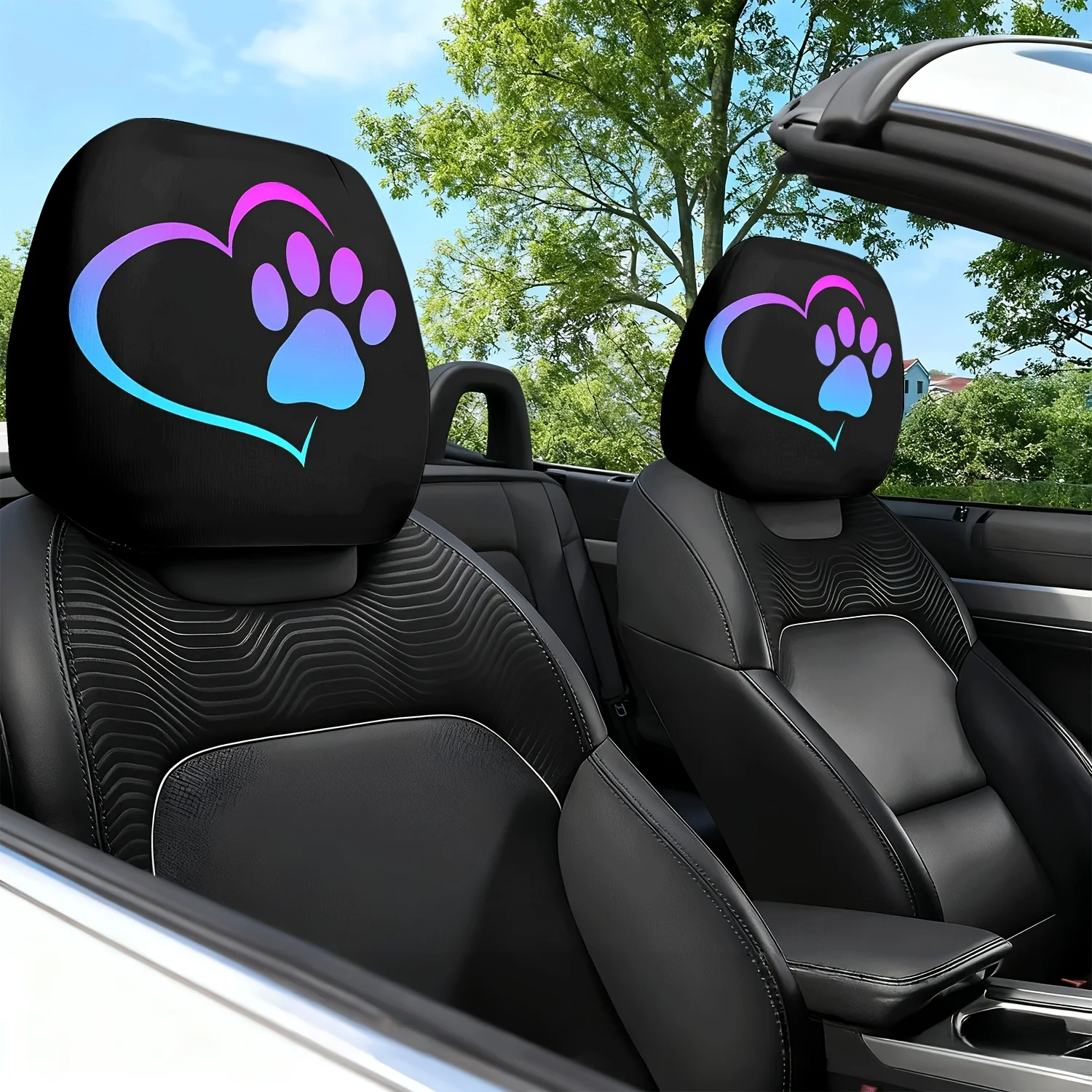 2pcs Heart-Shaped Dog Paw Print Themed Pattern Car Seat Cushion Headrest Neck Pillow Protector Cover - with Cute Design - Car
