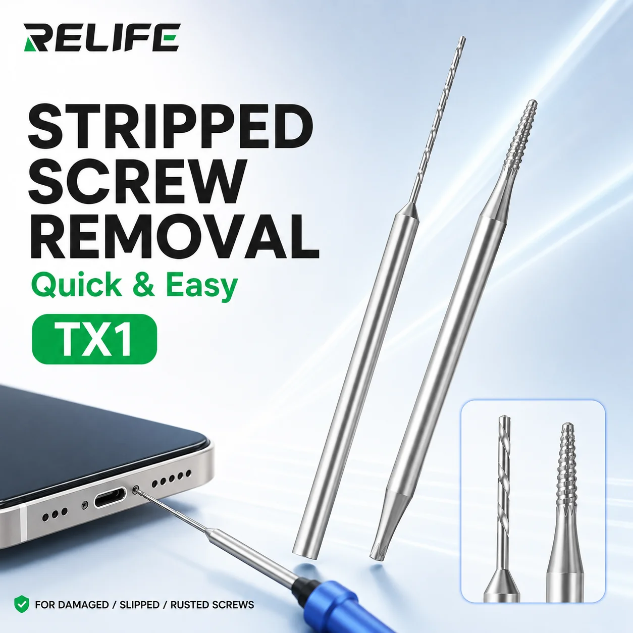RELIFE TX1 Stripped Screw Remover Drill Bit Set Alloy Sliding Thread Extractor for Mobile Phone Repair Disassembly Hand Tool