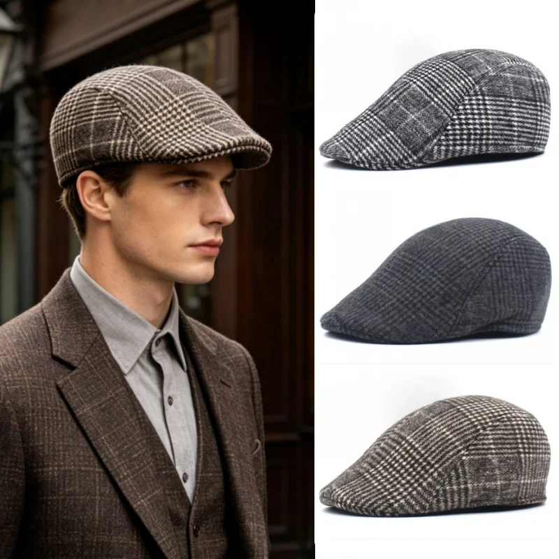 Retro Britischer Stil Baskenmütze Herbst Winter Gentleman Newsboy Karierte Bedruckte Mütze Kellner Chauffeur Wollmütze Golf Baseball Kappe