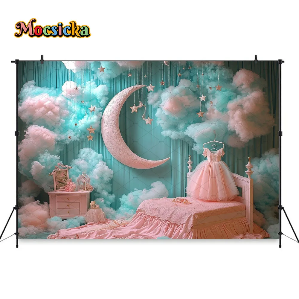 Princess Boudoir Photography Background for Girl Birthday Party Blue Pink Smoke Moon Stars Backdrop Kids Cake Crush Photo Studio