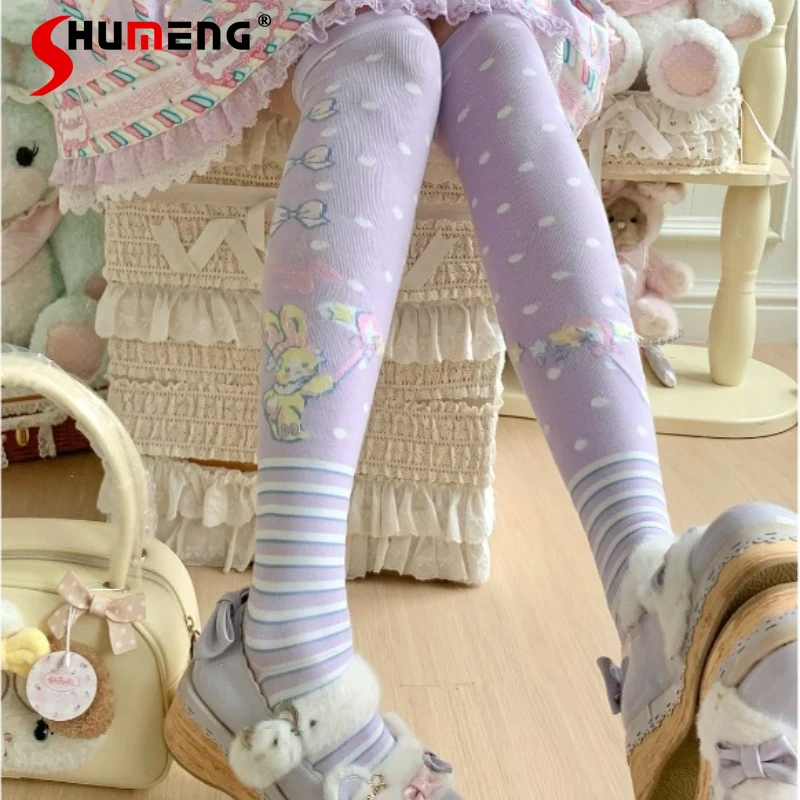 

Japanese Original Design Lolita Cartoon Socks Women's Spring Autumn Bow Striped Rojita Sweet Cotton Socks Y2k Kawaii Stockings