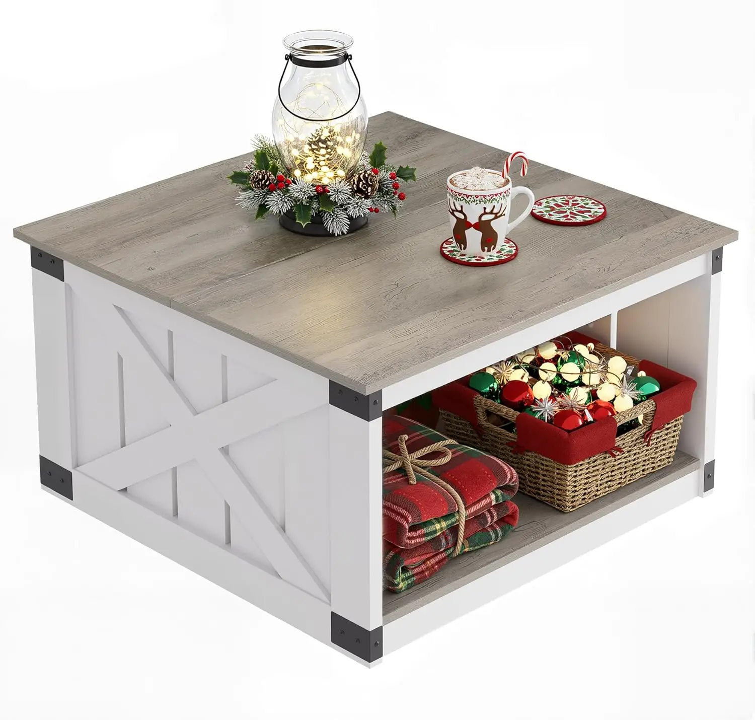 

Farmhouse Coffee Table with Open Storage, 31.5" Wood Square Living Room Table, Rustic Center Cocktail Table for Living Room
