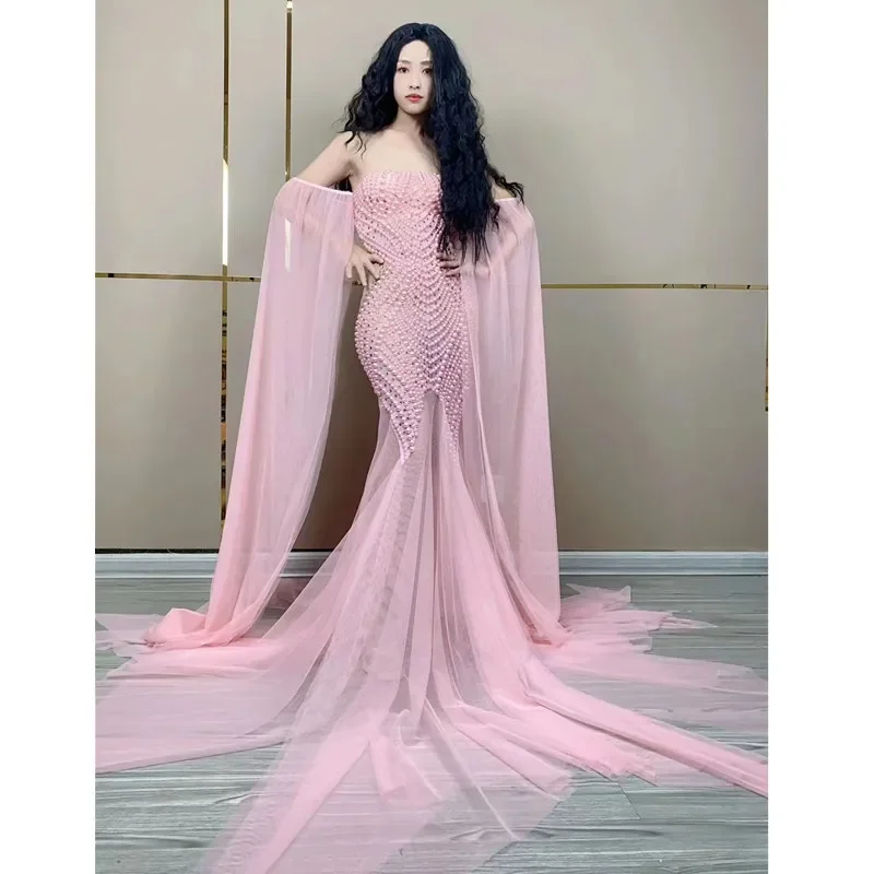 Pink Pearl Gauze Trailing Long Dress Celebrity Birthday Festival Costume Model Stage Walk Singer Hos Evening Party Mesh Dresses